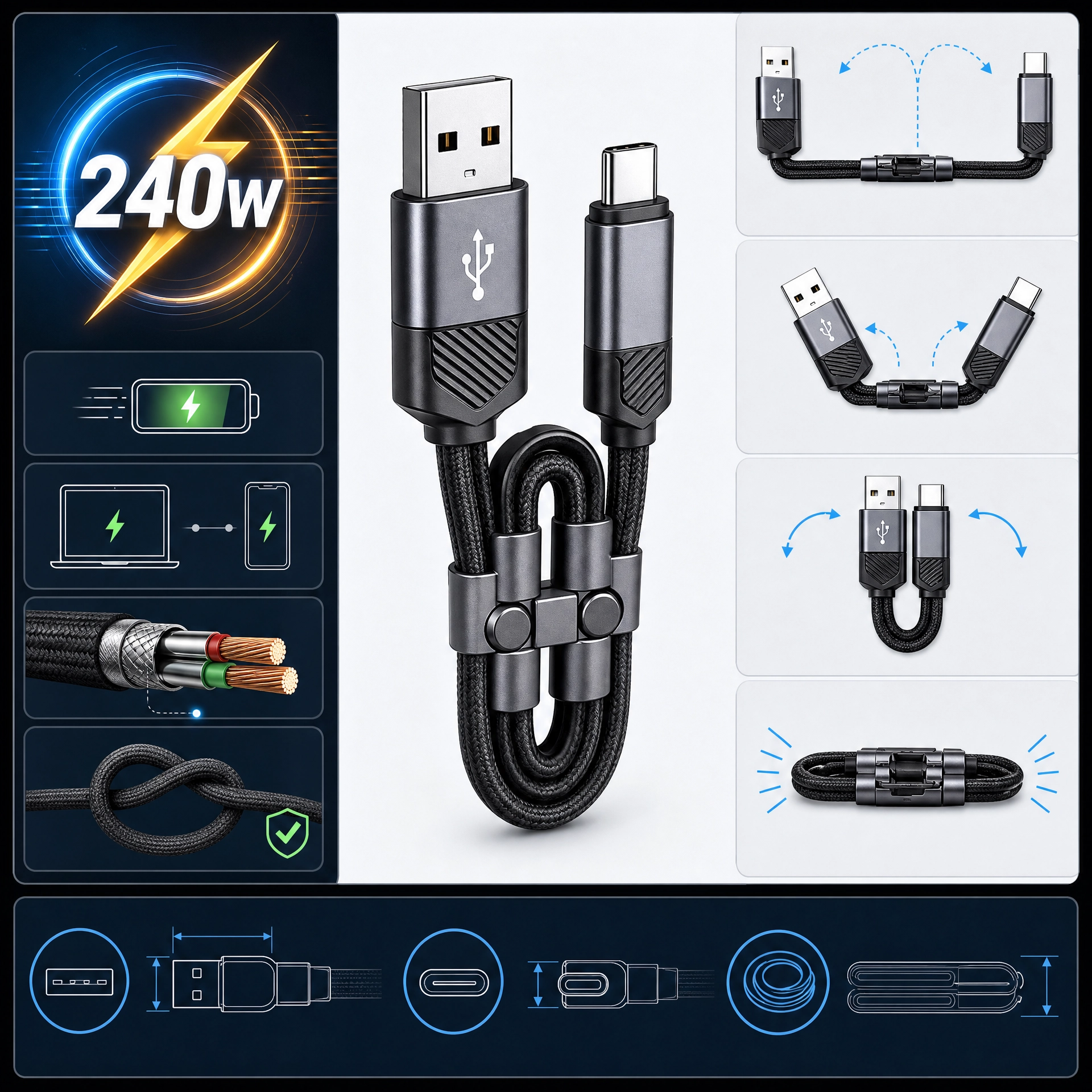 Cable de Carga Plegable Tipo C con Soporte: Carga Rápida 240W y Diseño 2 en 1 para Teléfono y Tablet - Imagen 4