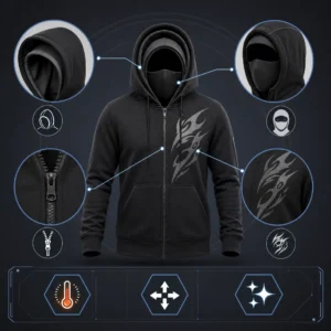 Sudadera con Capucha Doble y Cremallera: Estilo Personalizado, Manga Larga y Máscara Ninja Integrada para Hombre y Mujer