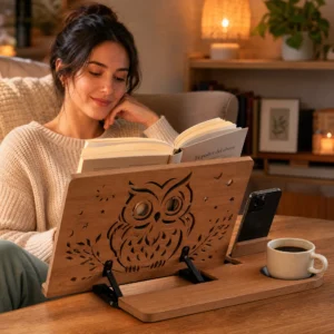 Soporte de Lectura de Madera con Diseño de Búho: Plegable, Robusto y Multifuncional con Portavasos y Soporte para Móvil