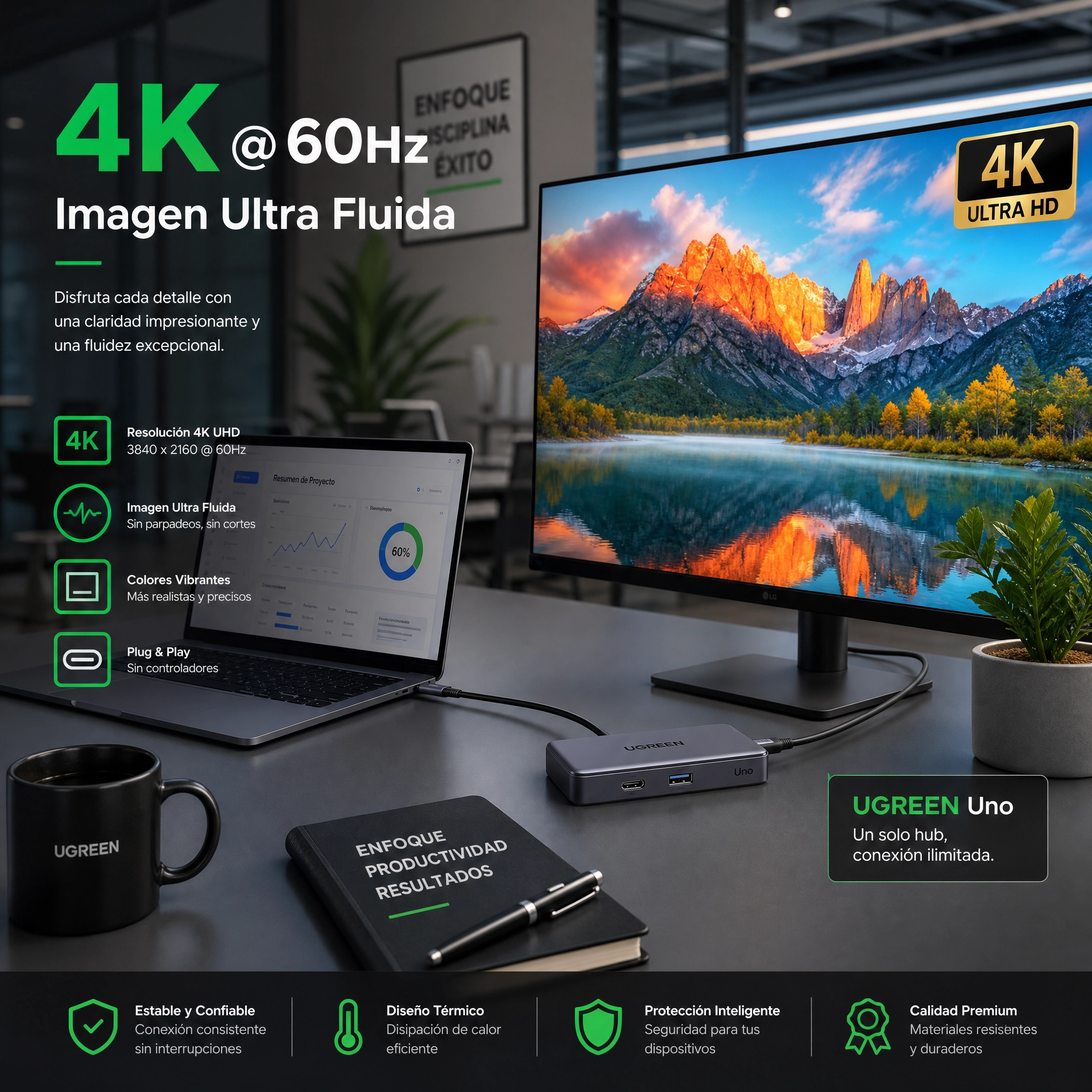 Hub USB-C UGREEN Uno 6 en 1 4K60Hz PD100W 10Gbps - Adaptador para Notebook